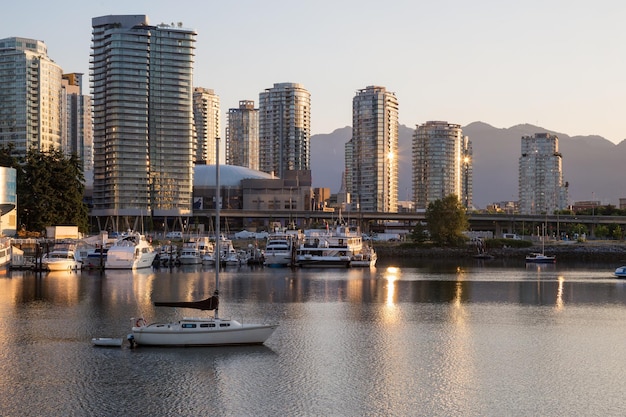 Sailboat parked in False Creek with Downtown Vancouver