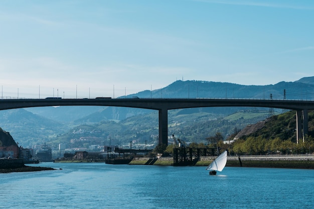 Sailboat on River Nervion near Bilbao Basque Country Spain