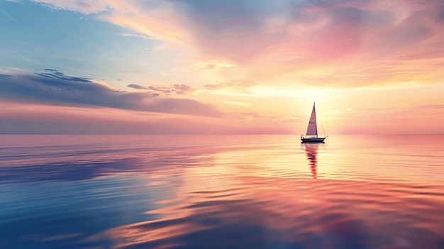 Photo sailboat sailing along calm ocean water under beautiful sunset sky