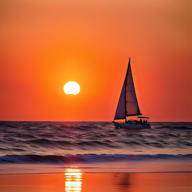 Sailboat Sailing on Calm Ocean Currents at Dusk