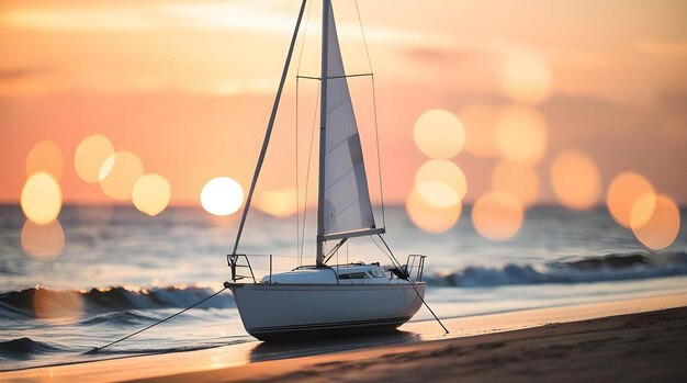 Photo sailboat sailing on golden sunset horizon