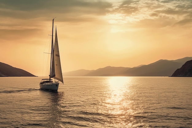 A sailboat sailing in the sea with mountains in the background