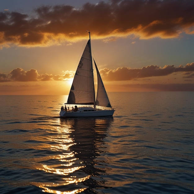 Photo sailboat sailing towards the horizon at sunset