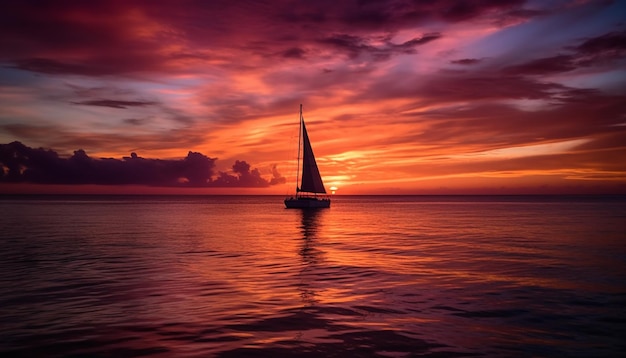 Photo sailboat sails into the orange horizon over water generated by ai