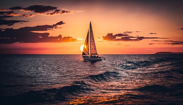 A sailboat sails the ocean with a colorful sunset on the horizon