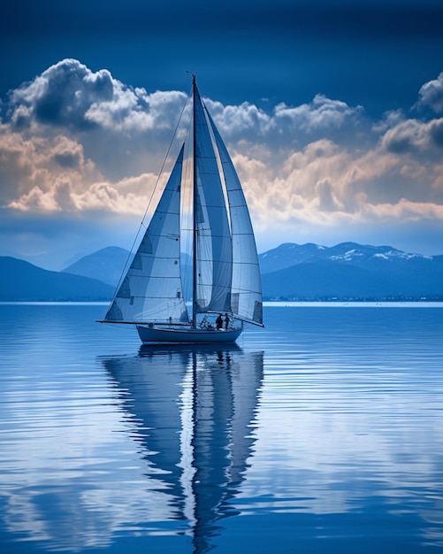 A sailboat in the sea besides mountain