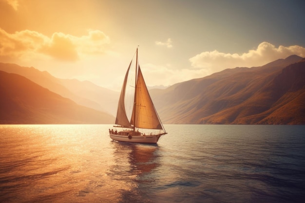 Sailboat in the sea in the evening sunlight over beautiful big mountains background Generative AI