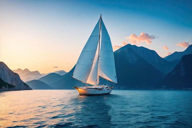 Sailboat in the sea in the evening sunlight over beautiful big mountains background summer adventure ai generative