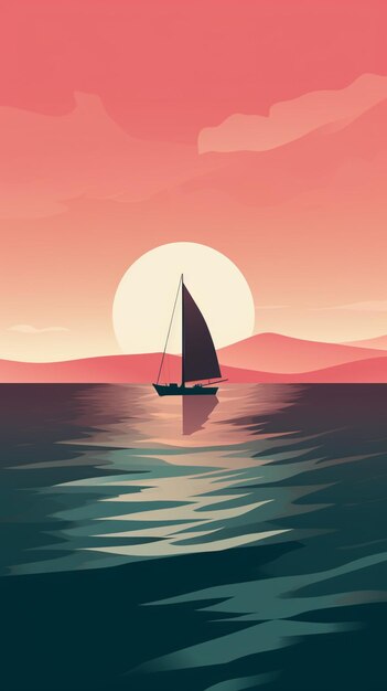 A sailboat on the sea with a sunset background.