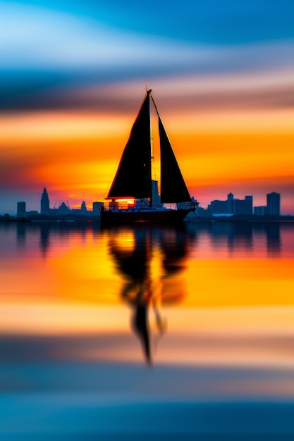 Photo sailboat silhouette at sunset with city skyline reflection