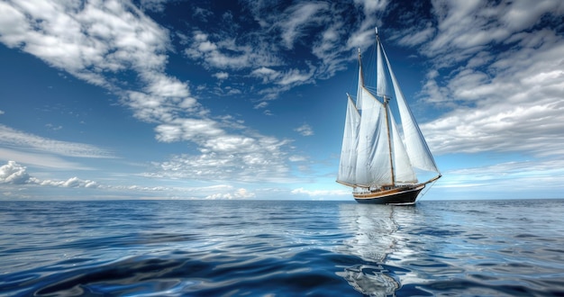 Sailboat on a Sunny Day with Blue Sky and White Clouds