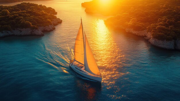 Sailboat at Sunset in a Coastal Inlet