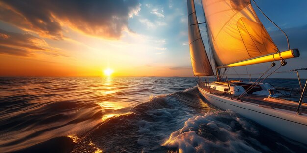 Sailboat at sunset with golden reflections on sea