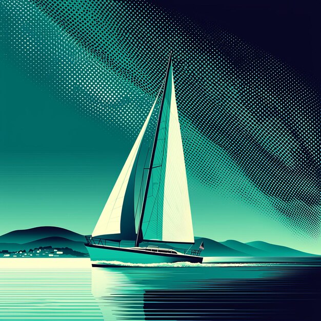 Photo sailboat at sunset with halftone pattern