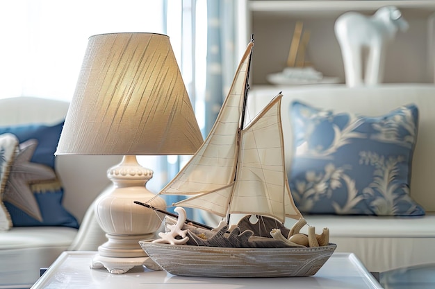 Photo a sailboat on a table with a lamp on it