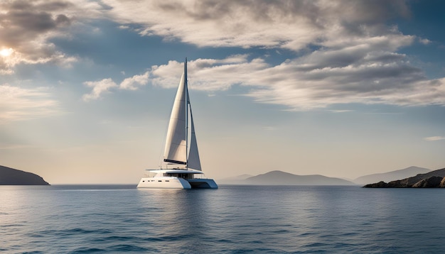 a sailboat on the water with a mountain in the background