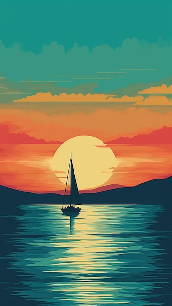 A sailboat on the water with a sunset in the background.