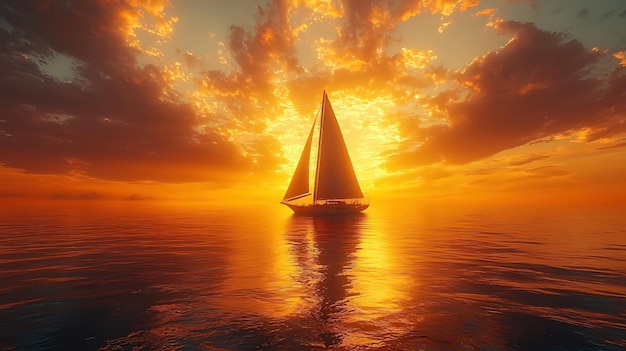 A sailboat with billowing sails silhouetted against the golden horizon serene ocean sunset