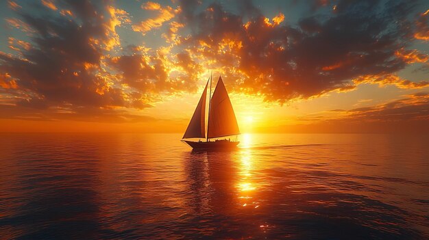 Photo a sailboat with billowing sails silhouetted against the golden horizon serene ocean sunset