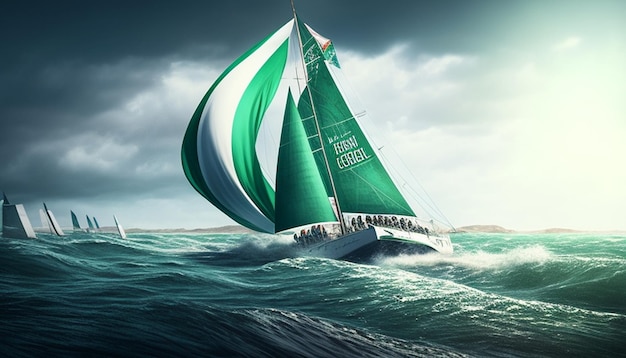 a sailboat with a green and white sail is sailing on the ocean