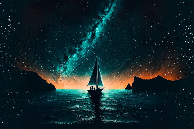 A sailboat with people floats on the sea at night against the backdrop of the night starry sky Generative AI