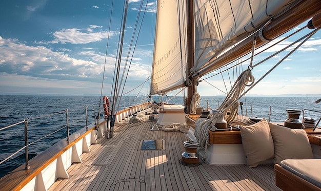 a sailboat with a person standing on the deck and a person standing on the deck