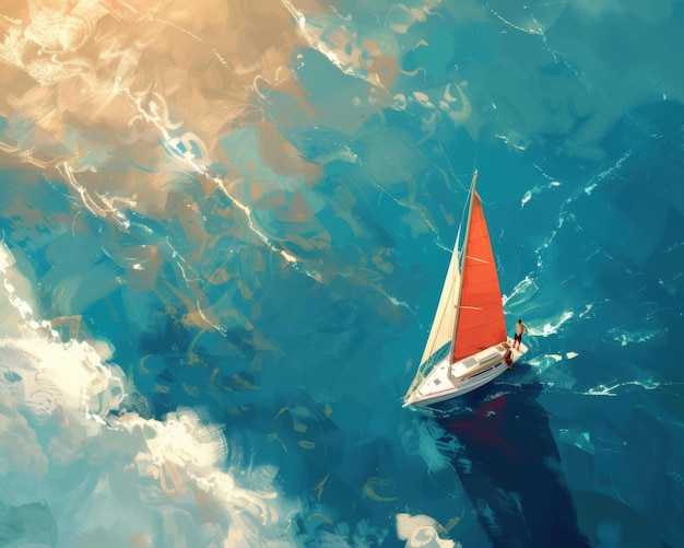 Photo a sailboat with a red sail navigating the ocean under the wind