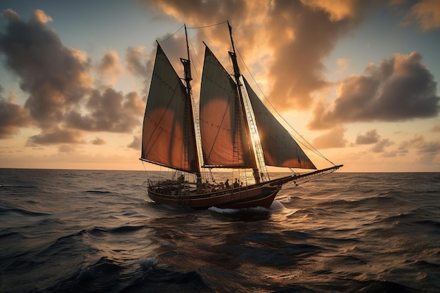 A sailboat with the sails down in the ocean.