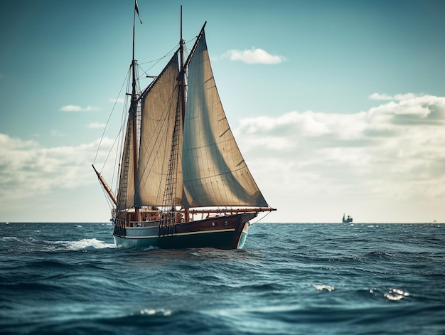 A sailboat with sails sails in the ocean with a ship in the background.