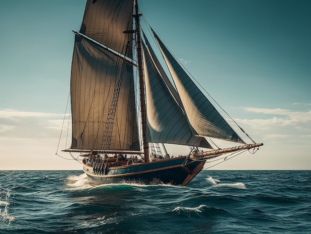 A sailboat with sails sails in the ocean.