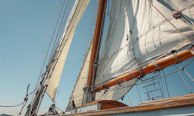 a sailboat with a white sail is on a sunny day