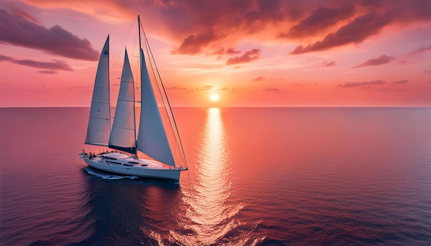 a sailboat with white sails in a calm sea off the coast of a tropical island during a bright sunset