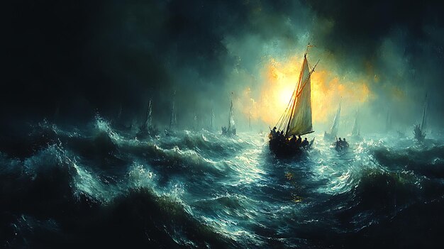 Sailboats Battling Rough Seas in a Dramatic Oil Painting