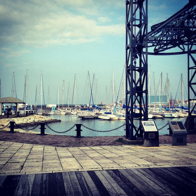 Sailboats moored at harbor against sky