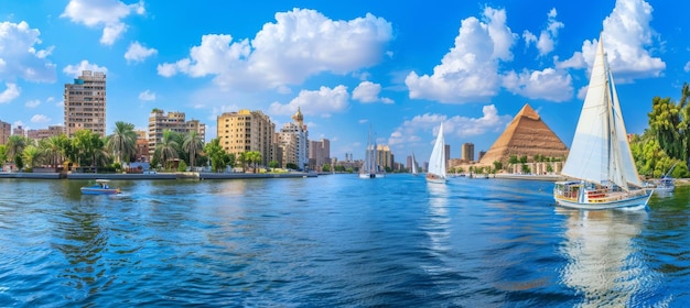 Photo sailboats on the nile river with the pyramids of giza in the background