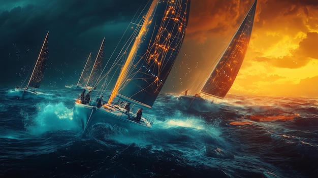 Sailboats Racing at Sunset