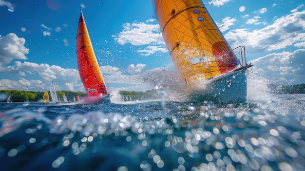 Photo sailboats racing on a windy lake