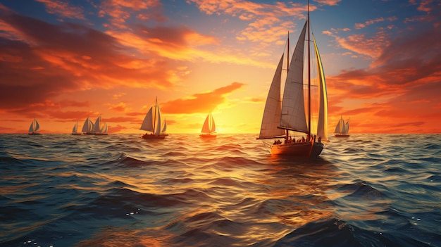 sailboats in the sunset on the ocean with a sunset background