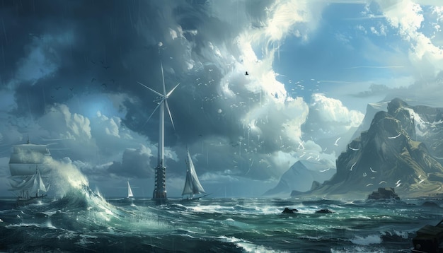 Sailboats and Windmills in a Stormy Sea