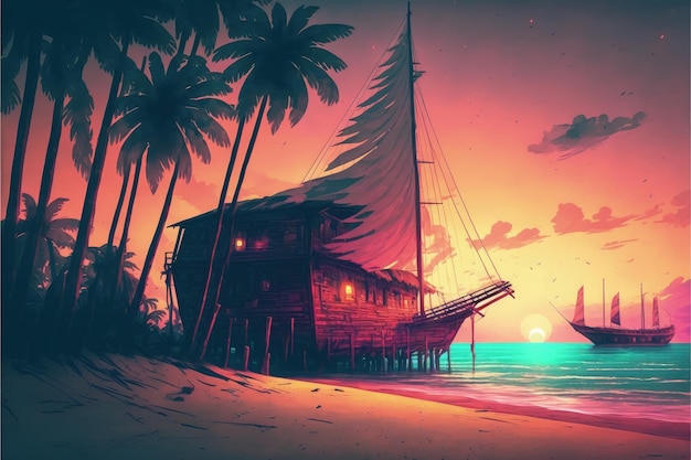 A sailing boat on the beach near abandoned buildings with a sunset backdrop Fantasy concept Illustration painting Generative AI