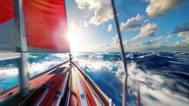 Photo sailing boat cutting through ocean waves at sunset