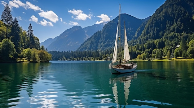 Sailing boat in a lake with mountains and a lush forest in the backdrop