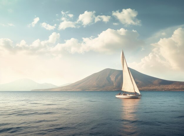 Sailing boat in the sea against the backdrop of mountains Created with Generative AI technology