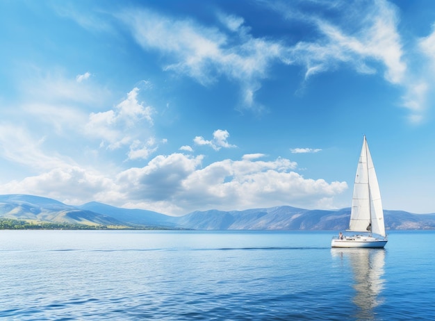 Sailing boat in the sea against the backdrop of mountains Created with Generative AI technology