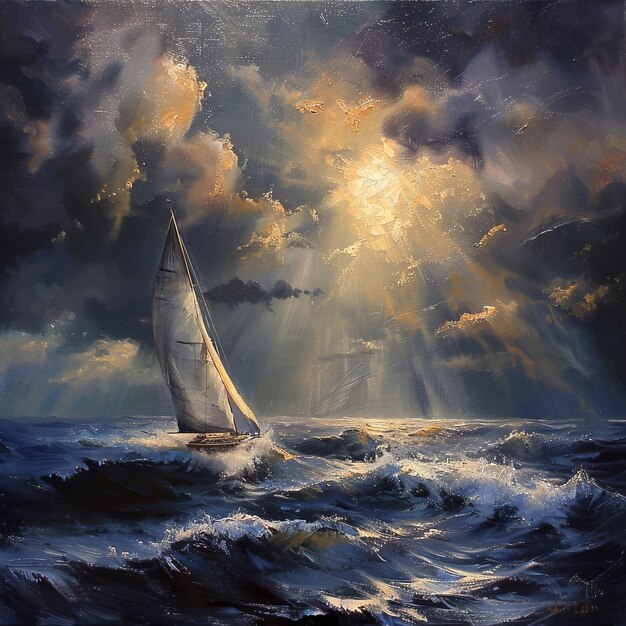 Sailing boat in stormy ocean Oil painting on canvas