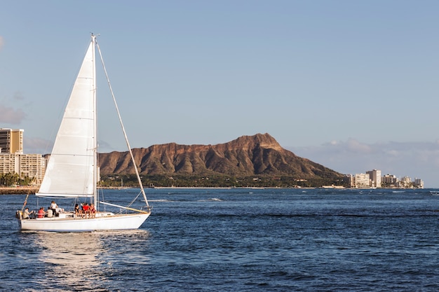 Sailing boat with Diamond head mountain background, Oahu Honolulu Hawaii