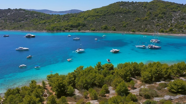 Sailing boats at anchor aerial landscape of beautiful bay