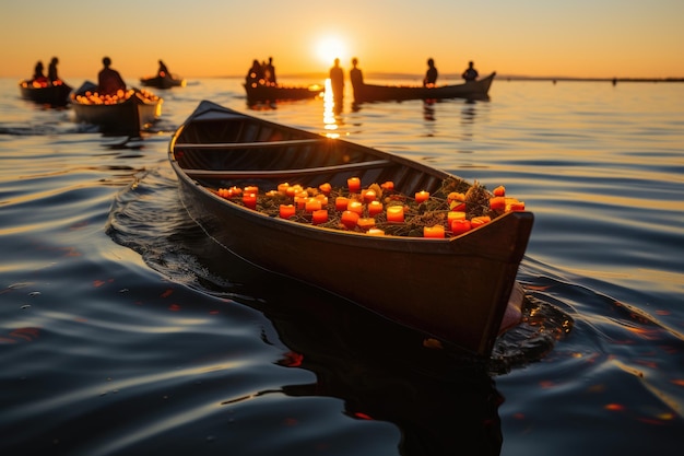 Sailing canoe sailing under radiant sun in serene mar generative IA