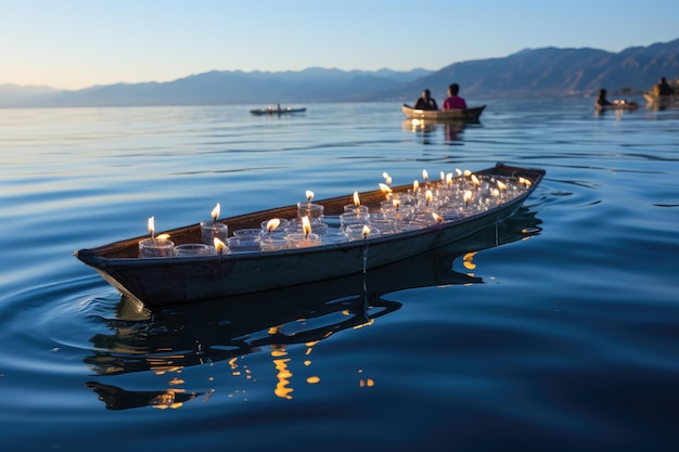 Sailing canoe sailing under radiant sun in serene mar generative IA