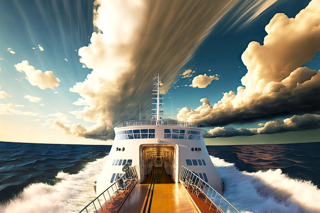 Sailing fast passenger ship view from ship deck against backdrop of sky and clouds